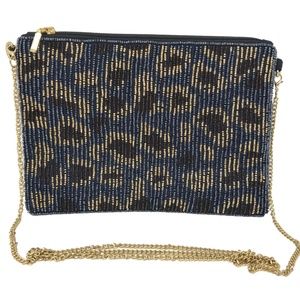 Navy, Black, and Gold Cheetah Print Beaded Evening Handbag with Chain Strap